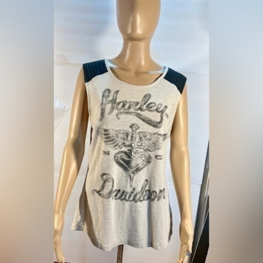 HARLEY DAVIDSON WHITE AND BLACK SLEEVELESS TANK TOP SIZE LARGE CUTOUT BACK